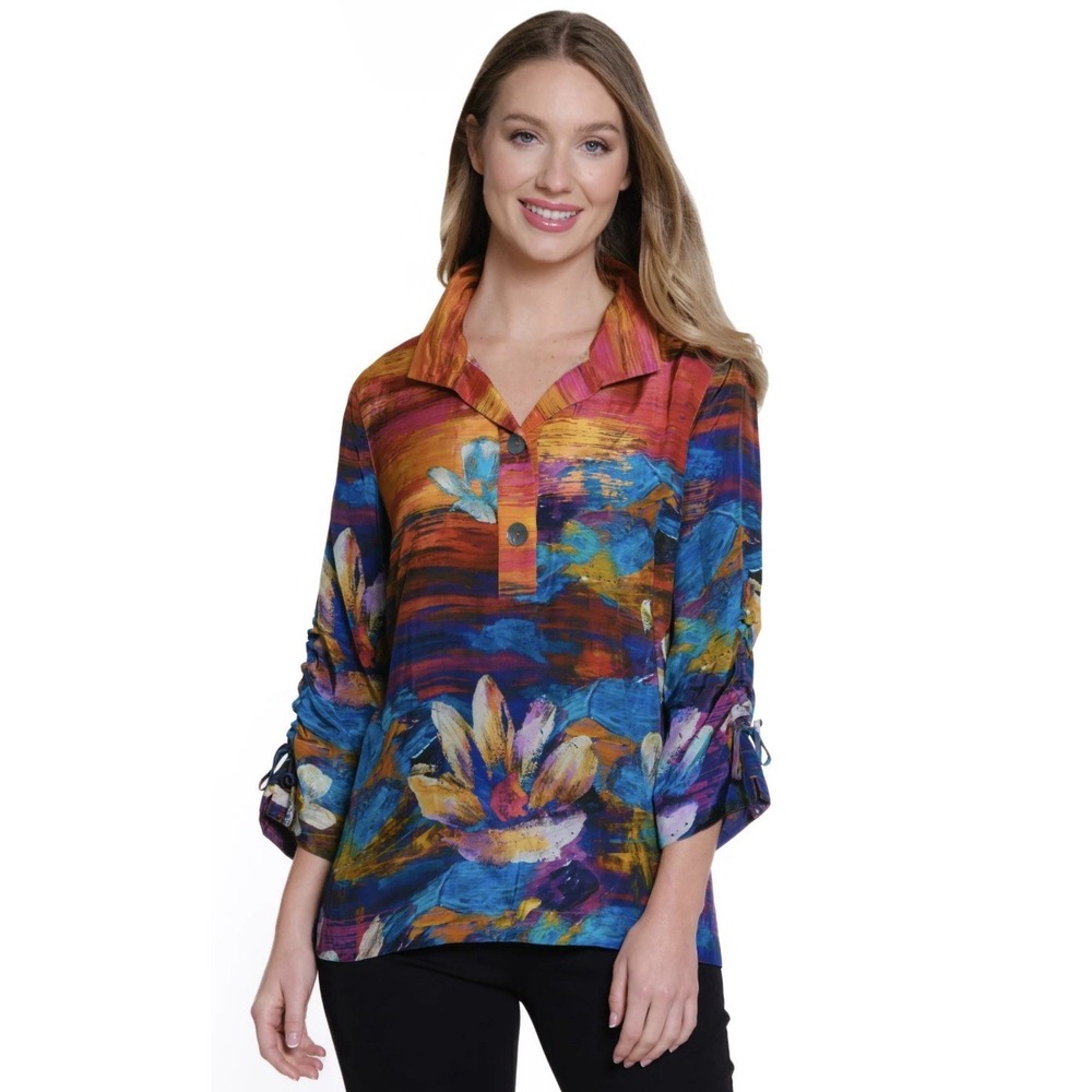 John Mark Tunic Top Printed Wire Collar 3/4 Cinch Tie Sleeve Putting On The Ritz